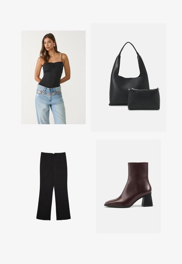 Černý přiléhavý body s čtvercovým výstřihem, kombinovaný s bledě modrými džíny s dekorativním stříbrným a růžovým páskem.; Černé kalhoty s rovným střihem, s předními kapsami a bočními rozparky na lemu. Vyrobené z jemné, hladké tkaniny. Vhodné na různé příležitosti.; Bordó kožené kotníkové boty s špičatou špičkou, hladkou texturou a robustním černým podpatkem. Elegantní design, minimální akcenty.; Even&Odd Kabelka - black