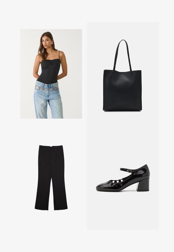 Czarny dopasowany body z kwadratowym dekoltem, w połączeniu z jasnoniebieskimi dżinsami z ozdobnym srebrno-różowym paskiem.; Czarne spodnie o prostym kroju, z przednimi kieszeniami i bocznymi rozcięciami na dole. Wykonane z miękkiego, gładkiego materiału. Odpowiednie na różne okazje.; Czarne lakierowane buty na obcasie z wycięciem, regulowanym paskiem na kostkę i słupkowym obcasem. Gładka, błyszcząca powierzchnia z zaokrąglonym czubkiem.; Czarna skórzana torba tote o gładkiej fakturze, prostokątnym kształcie i dwóch długich uchwytach. Brak widocznych elementów metalowych i ozdób.