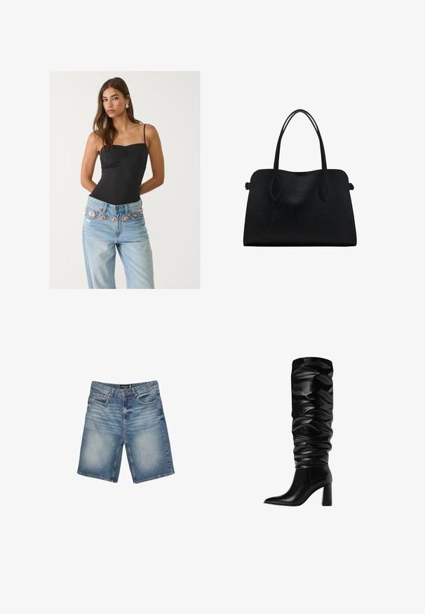 Mustat kapea bodysuihku, jossa on neliön muotoinen pääntie, yhdistettynä vaaleansinisiin farkkuihin, joissa on koristeellinen hopea- ja vaaleanpunainen vyö.; Farkkushortsit vaaleansinisinä, joissa on vyötärö, jossa on vyölenkit, viisi taskua ja hieman haalistunut pinta kuluneen ilmeen saamiseksi.; Polvisen korkeudelle ulottuvat mustat nahkasaappaat, joissa on löysä muotoilu, teräväkärkinen ja paksupohjainen korko, sekä sileä, kiiltävä pinta.; Mustavihreä nahkalaukku, jossa on kaksinkertaiset olkahihnat, suorakaiteen muotoinen ja minimalistinen muotoilu valkoisella taustalla.