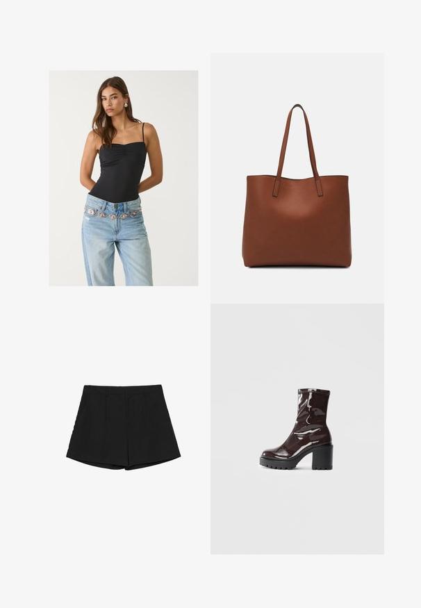 Schwarzer, taillierter Bodysuit mit einem quadratischen Ausschnitt, kombiniert mit hellblauen Jeans, die einen dekorativen silbernen und rosa Gürtel haben.; Schwarze Shorts mit einem maßgeschneiderten Design, das eine flache Vorderseite, zwei Seitentaschen und einen geraden Saum umfasst. Glattes Material mit einem sauberen Finish.; Glatte bordeauxrote Ankle Boots mit einem klobigen schwarzen Absatz, die eine glatte Oberfläche und ein einfaches Design aufweisen. Keine sichtbaren Verschlüsse oder Muster.; Braune Leder-Tote mit glatter Textur, offenem Oberteil und zwei Schulterriemen. Verfügt über minimale Nähte und keine sichtbaren Beschläge.