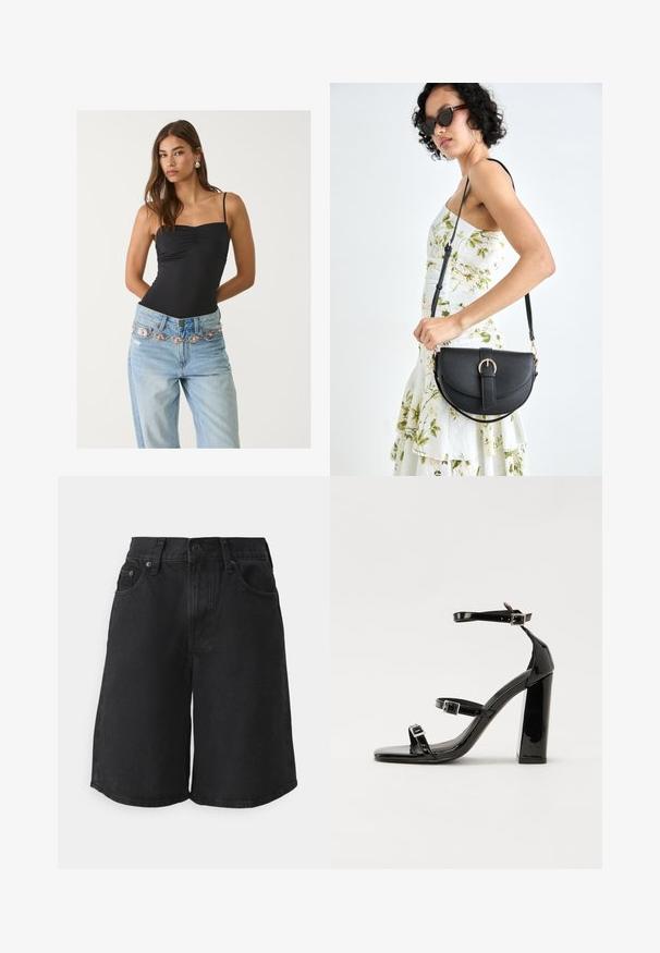 Černý přiléhavý body s čtvercovým výstřihem, kombinovaný s bledě modrými džíny s dekorativním stříbrným a růžovým páskem.; GAP JORT ALCOTT - Džínové kraťasy - black; Černé lakované sandály na podpatku se čtveratou špičkou, lýtkovými pásky a stříbrnými přezkami. Disponují masivním blokovým podpatkem pro stabilitu.; Černá kožená kabelka s křivkovým tvarem, odnímatelným popruhem a zlatými detaily. Kabelka má klopu s přezkou.
