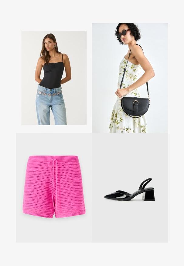 Sort tætsiddende bodysuit med firkantet udskæring, parret med lyseblå jeans der har et dekorativt sølv- og pinkbælte.; Lyserøde strikkede shorts med et tekstureret mønster, elastisk talje med justerbar snoretræk og en skæring ved midten af låret.; Sorte patentlæder slingback hæle med spids tå og en geometrisk blok hæl. Har et elegant, minimalistisk design og en glat tekstur.; Sort læderhåndtaske med en buet form, aftagelig rem og guldfinish. Tasken har en klap med en spænde detalje.