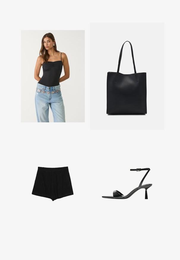 Svart åtsittande bodysuit med fyrkantig nedskärning, ihop med ljusblå jeans som har ett dekorativt silver- och rosa bälte.; Svarta shorts av en texturerad tyg, med en plisserad design, medelhög midja och en rak skärning utan synliga knäppningar.; Bershka Sandaletter - black; Svart lädertoffelväska med slät textur, rektangulär form och två långa handtag. Ingen synlig hårdvara eller dekorationer.