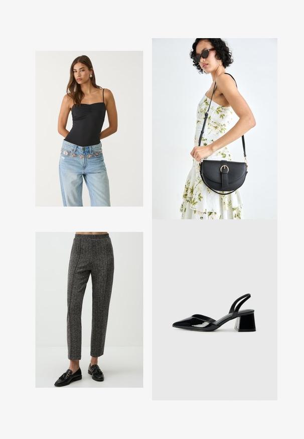 Black fitted bodysuit with a square neckline, paired with light blue jeans featuring a decorative silver and pink belt.; Gray patterned trousers with a smooth texture, featuring a high waistband and straight-leg design, paired with black loafers.; Black patent leather slingback heels with a pointed toe and a geometric block heel. Features a sleek, minimal design and smooth texture.; Black leather handbag with a curved shape, detachable strap, and gold hardware. The bag features a flap with a buckle detail.