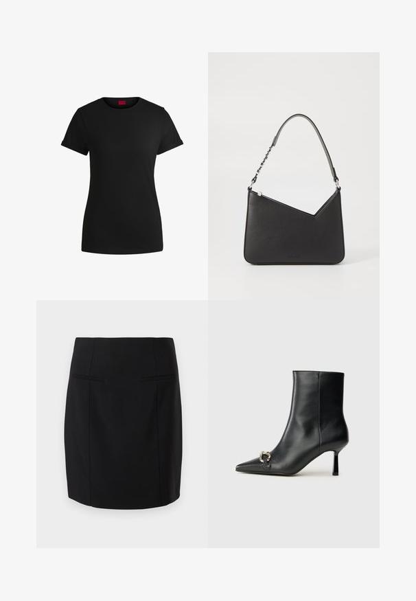 Mustapaita, jossa on lyhyet käärityt hihat, pyöreä kaula-aukko ja punainen etiketti. Sileä pinta, istuva muoto ja minimaalinen yksityiskohtaisuus.; Musta kynähame, joka on valmistettu sileästä kankaasta, soveltuu vartalonmyötäiseen muotoiluun, jossa on kaksi etutaskua ja polvenpituinen helma.; Musta nahkasaapas nilkkapituisilla, terävillä kärjillä, hoikalla keskipituisella korolla ja hopeavöillä sivussa yksinkertaista taustaa vasten.; Musta nahkakäekott kolmnurga kujuga, peene rihmaga ja hõbedaste detailidega. Omab lukuga sulgemist ja esiküljel on reljeefne logo.