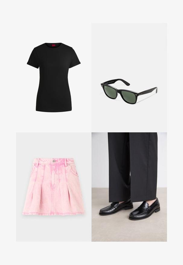 Zwart katoenen T-shirt met korte opgerolde mouwen, een ronde halslijn en een rood label. Glad textuur, aansluitende pasvorm met minimale details.; Roze spijkerrok met plooien, een knoop- en ritsluiting, vijf zakken en decoratieve stiksels. Verweerd textuur in een lichte tint.; Zwarte leren instappers met een gladde afwerking, gestikte details rond de teen en een lage rubberen zool. Gepaard met brede zwarte broeken.; Zwarte plastic zonnebril met groene lenzen, vierkante montuur, zilveren accent op de wenkbrauw en een gestructureerde tempel. Merken vermeld op de binnenkant van de arm.