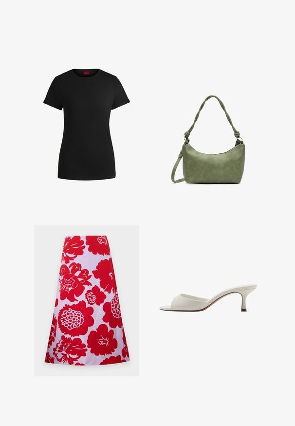 Črna bombažna majica s kratkimi zavihanimi rokavi, okroglo izrezom in rdečo oznako. Gladka tekstura, prilegan kroj z minimalnimi detajli.; Rdeča krila s cvetličnim vzorcem na belem ozadju; do kolen, razširjenega kroja in gladke teksture. Brez vidnih zapiral ali dodatkov.; Bele odprte visoke petke z gladko površino, minimalističnim oblikovanjem in vitko peto, ki ima subtilen rjav odtenek na podplatu.; Zelena usnjena torbica z gladko teksturo, ukrivljeno obliko in pletenim ročajem. Ima zadrgo in nastavljiv trak.