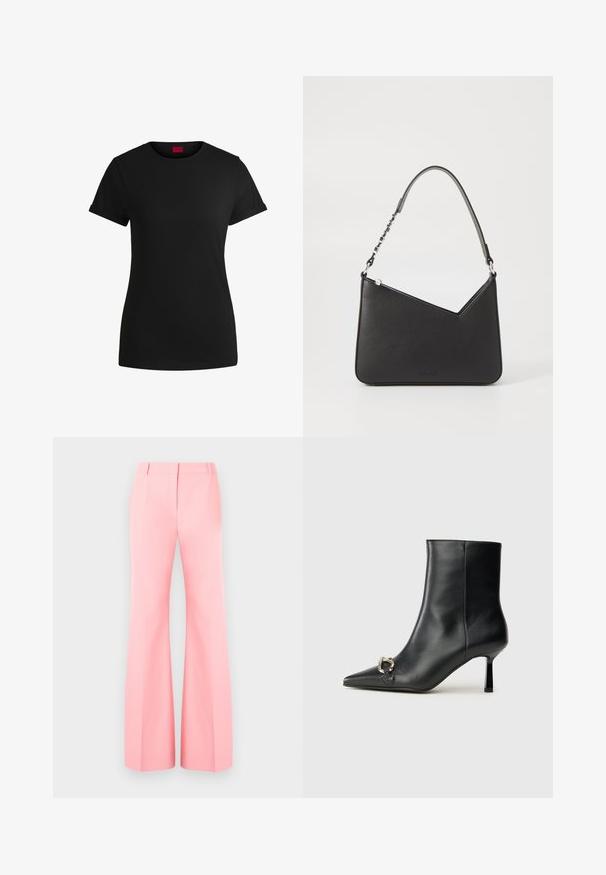 Svart bomulls-t-skjorte med korte, rullede ermer, rund halslinning og rød etikett. Glatt tekstur, tettsittende fasong med minimale detaljer.; Rosa vide dressbukser med skreddersydd design, med flat front og pent pressede folder. Glatt stoff og høy midje.; Sorte lær ankle boot med spiss tå, slank mid-høyde hæl og sølvspenne på siden mot en enkel bakgrunn.; Svart lærveske med trekantet form, en slank stropp og sølvfarget detaljer. Har glidelåslukking og preget logo på forsiden.