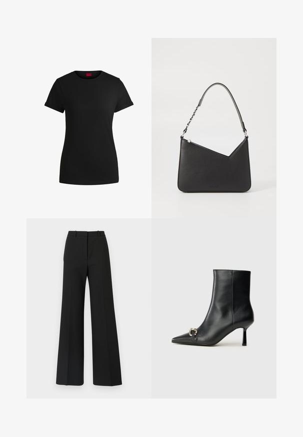 Black cotton t-shirt with short rolled sleeves, a round neckline, and a red label. Smooth texture, fitted shape with minimal detailing.; Black wide-leg trousers with a tailored design, featuring a smooth texture and subtle pleats at the front. No visible hardware or patterns.; Black leather ankle boot with pointed toe, slim mid-height heel, and silver buckle detail on side against plain background.; Black leather handbag with a triangular shape, a slim strap, and silver hardware. Features a zip closure and embossed logo on the front.