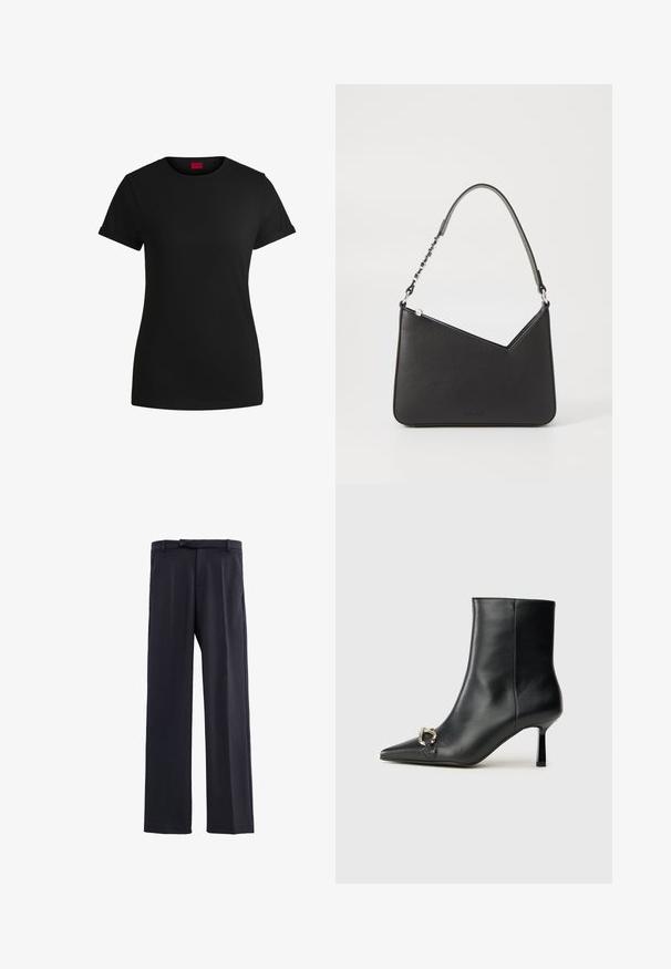T-shirt in cotone nero con maniche corte arrotolate, scollatura rotonda e etichetta rossa. Texture liscia, forma aderente con dettagli minimi.; IKKS BUSINESS COLLECTION - Pantaloni - black; Stivale alla caviglia in pelle nera con punta affusolata, tacco sottile di media altezza e dettaglio in fibbia argentata sul lato, su sfondo semplice.; Borsa a mano in pelle nera con forma triangolare, una tracolla sottile e accessori in argento. Presenta una chiusura con zip e un logo impresso sul davanti.