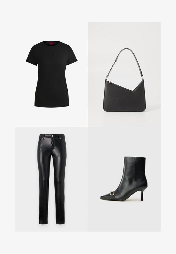 T-shirt de algodão preto com mangas curtas enroladas, decote redondo e um rótulo vermelho. Textura suave, forma ajustada com detalhes mínimos.; Calças de pele pretas, de perna reta, com botão frontal e fecho éclair, passadores de cinto e bolsos laterais, apresentadas num fundo branco.; Bota preta de couro até ao tornozelo com bico apontado, salto slim de altura média e detalhe em fivela prateada de lado, contra um fundo simples.; Bolsa de couro preta com formato triangular, alça fina e detalhes em metal prateado. Apresenta um fecho com zíper e logótipo em relevo na parte frontal.