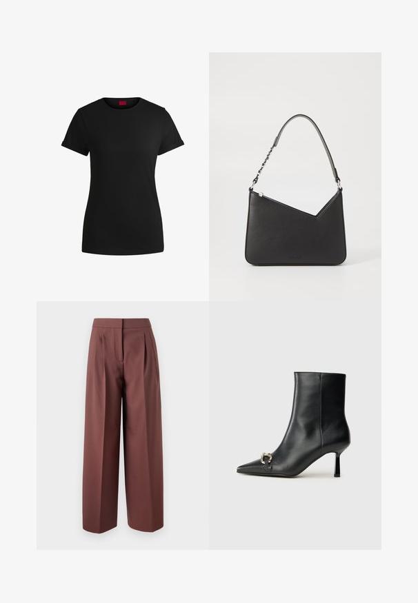 T-shirt noir en coton avec des manches courtes roulées, un col rond et une étiquette rouge. Texture lisse, forme ajustée avec un minimum de détails.; Pantalons larges marron à taille haute, dotés de plis à l'avant, au design ajusté et à la texture de tissu lisse.; Bottine en cuir noir avec un bout pointu, un talon moyen fin et un détail de boucle en argent sur le côté, se détachant sur un fond uni.; Sac à main en cuir noir, de forme triangulaire, avec une sangle fine et des accessoires en métal argenté. Il dispose d'une fermeture zippée et d'un logo embossé à l'avant.