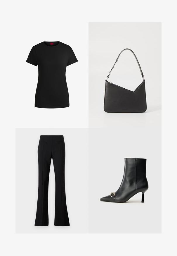 Svart bomulls-t-skjorte med korte, rullede ermer, rund halslinning og rød etikett. Glatt tekstur, tettsittende fasong med minimale detaljer.; Sorte flagrende bukser laget av et glatt stoff med høy midje, med to baklommer og en presselinje nedover fronten av hvert ben.; Sorte lær ankle boot med spiss tå, slank mid-høyde hæl og sølvspenne på siden mot en enkel bakgrunn.; Svart lærveske med trekantet form, en slank stropp og sølvfarget detaljer. Har glidelåslukking og preget logo på forsiden.