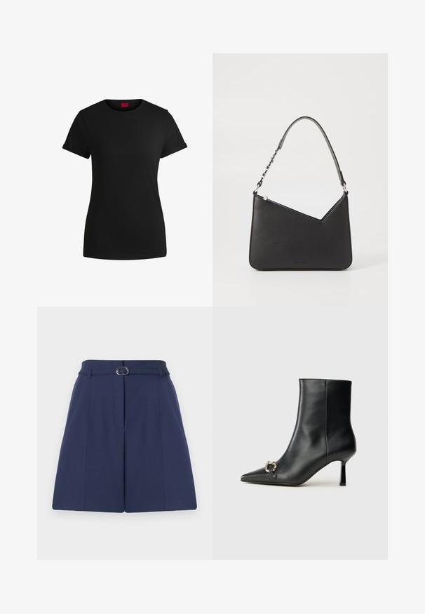 Svart bomulls-t-skjorte med korte, rullede ermer, rund halslinning og rød etikett. Glatt tekstur, tettsittende fasong med minimale detaljer.; Marineblå skreddersydde shorts med belte, med beltesløyfe, detaljerte folder og en jevn tekstur. Standard rett snitt.; Sorte lær ankle boot med spiss tå, slank mid-høyde hæl og sølvspenne på siden mot en enkel bakgrunn.; Svart lærveske med trekantet form, en slank stropp og sølvfarget detaljer. Har glidelåslukking og preget logo på forsiden.