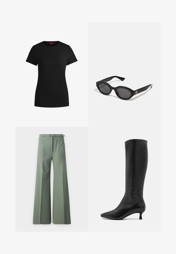 Zwart katoenen T-shirt met korte opgerolde mouwen, een ronde halslijn en een rood label. Glad textuur, aansluitende pasvorm met minimale details.; Wijde broek in gematigde groene stof, met een platte voorkant, riemlussen met een bijpassende riem en scherpe plooi-details.; Zign Laarzen - black; Zwarte ovale zonnebril met donkere glazen en een glanzend kunststof frame. Heeft een gouden logo op de poot, dat een strakke en moderne uitstraling biedt.; Zwarte leren schoudertas met een gladde textuur, voorzien van een dunne, lange schouderband en een subtiele stiknaad in het midden.