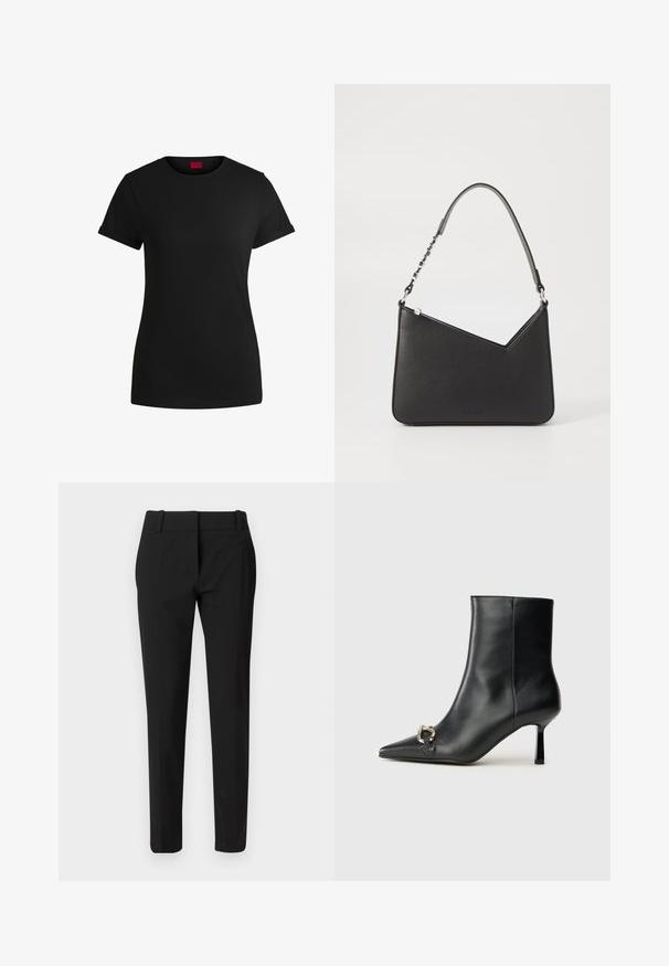 Svart bomulls-t-skjorte med korte, rullede ermer, rund halslinning og rød etikett. Glatt tekstur, tettsittende fasong med minimale detaljer.; Sorte skreddersydde bukser med rette ben, linning og glatt tekstur. Ingen synlige mønstre eller dekorasjoner.; Sorte lær ankle boot med spiss tå, slank mid-høyde hæl og sølvspenne på siden mot en enkel bakgrunn.; Svart lærveske med trekantet form, en slank stropp og sølvfarget detaljer. Har glidelåslukking og preget logo på forsiden.