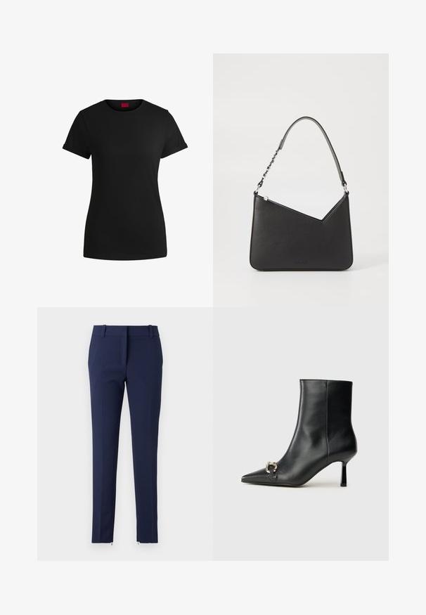 Svart bomullströja med korta rullade ärmar, rund halsringning och en röd etikett. Slät textur, figursydd form med minimalt detaljer.; Marinblå byxor med smal passform, tillverkade av texturerat tyg. Har en slät front, bälteshällor och dragkedjor vid nederkanten för extra detalj.; Svart läderankelboot med spetsig tå, smal medelhög klack och silverfärgad spänndetalj på sidan mot en enfärgad bakgrund.; Svart läderhandväska med triangulär form, en smal rem och silverfärgad hårdvara. Har dragkedjestängning och logotyp prägling på framsidan.