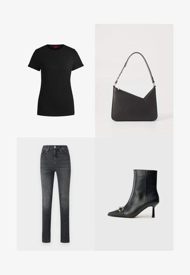 Svart bomullströja med korta rullade ärmar, rund halsringning och en röd etikett. Slät textur, figursydd form med minimalt detaljer.; Smala jeans i mörkgrå denim, med en klassisk fem-fickors design, framknäppning och subtil blekning för textur.; Svart läderankelboot med spetsig tå, smal medelhög klack och silverfärgad spänndetalj på sidan mot en enfärgad bakgrund.; Svart läderhandväska med triangulär form, en smal rem och silverfärgad hårdvara. Har dragkedjestängning och logotyp prägling på framsidan.