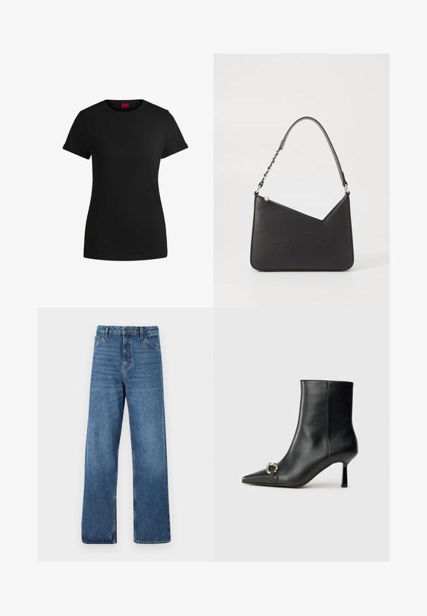 Svart bomullströja med korta rullade ärmar, rund halsringning och en röd etikett. Slät textur, figursydd form med minimalt detaljer.; Blå jeans i hög midja med vida ben, som har en slät yta, minimala sömdetaljer och klassisk femficksdesign.; Svart läderankelboot med spetsig tå, smal medelhög klack och silverfärgad spänndetalj på sidan mot en enfärgad bakgrund.; Svart läderhandväska med triangulär form, en smal rem och silverfärgad hårdvara. Har dragkedjestängning och logotyp prägling på framsidan.