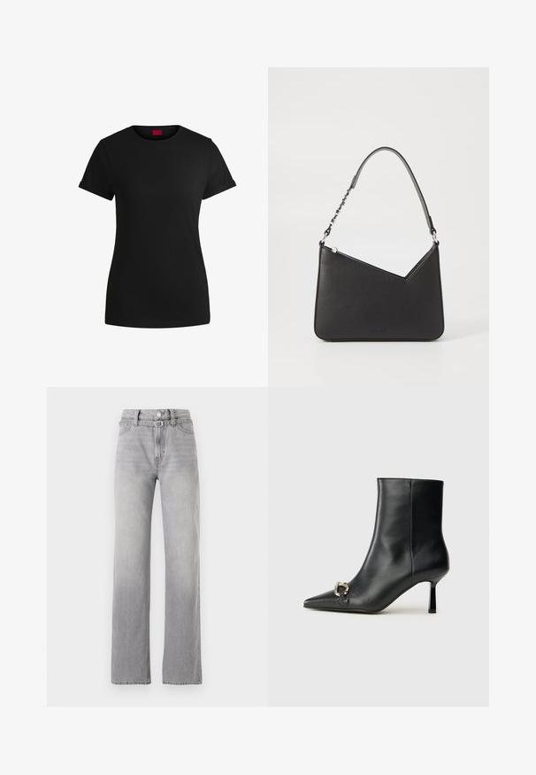 Camiseta de algodón negra con mangas cortas enrolladas, escote redondo y etiqueta roja. Textura suave, forma ajustada y con un detalle minimalista.; Jeans de mezclilla gris claro con una cintura alta, diseño de pierna recta, desgaste sutil y estilo clásico de cinco bolsillos. Cierre de botón metálico y cremallera.; Botín negro de cuero hasta el tobillo con punta afilada, tacón delgado de altura media y detalle de hebilla plateada en el lateral, sobre un fondo liso.; Bolso de mano de piel negra con forma triangular, una correa delgada y herrajes plateados. Cuenta con un cierre de cremallera y un logo en relieve en la parte frontal.
