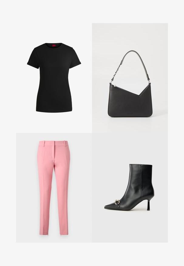 T-shirt in cotone nero con maniche corte arrotolate, scollatura rotonda e etichetta rossa. Texture liscia, forma aderente con dettagli minimi.; Pantaloni su misura rosa con una texture liscia, gambe dritte e un dettaglio zipper sull'orlo. Presentano passanti per cintura e un design frontale piatto.; Stivale alla caviglia in pelle nera con punta affusolata, tacco sottile di media altezza e dettaglio in fibbia argentata sul lato, su sfondo semplice.; Borsa a mano in pelle nera con forma triangolare, una tracolla sottile e accessori in argento. Presenta una chiusura con zip e un logo impresso sul davanti.
