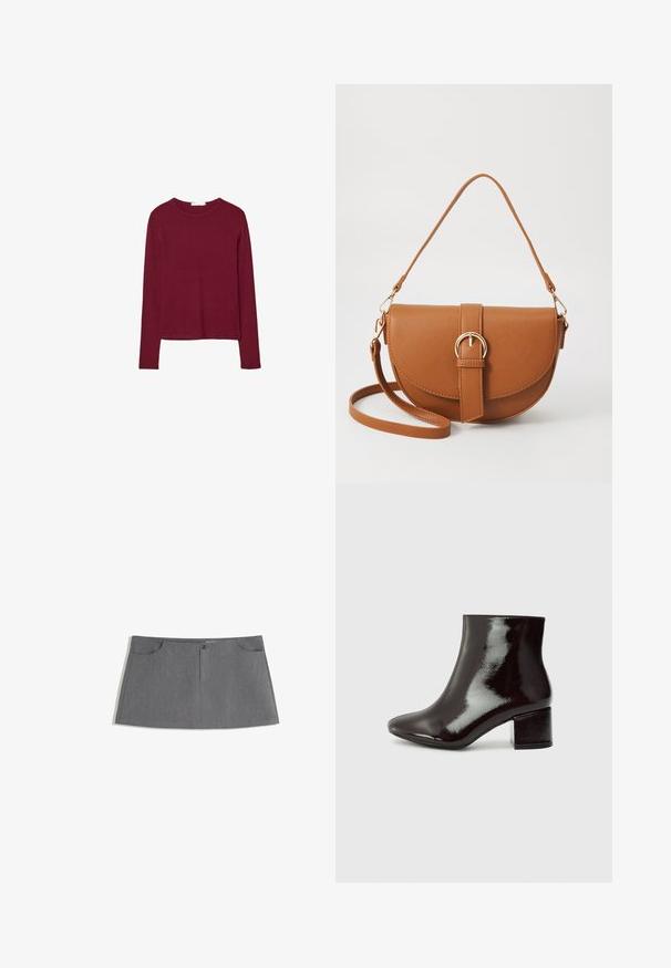 Burgundy pitkähihaine paita, jossa on pyöreä pääntie, valmistettu pehmeästä kankaasta. Ominaisuuksiin kuuluu istuva muotoilu ja suora helma. Ei näkymättömiä kuvioita tai koristeita.; Harmaa hame, jossa on suora leikkaus, kaksi etutaskua, etupainike ja hienovarainen tekstuurikuvio.; Mustat patenttiketju nilkkurit teräväkärkisillä ja paksuilla koroilla. Sujuva pinta, jossa on hienovarainen kiilto ja selkeät linjat, minimalistinen muotoilu.; Ruskean nahkainen olkalaukku, jossa on kaareva muoto, kultaiset yksityiskohdat ja solkiyksityiskohta. Varustettu irrotettavalla olkahihnalla.
