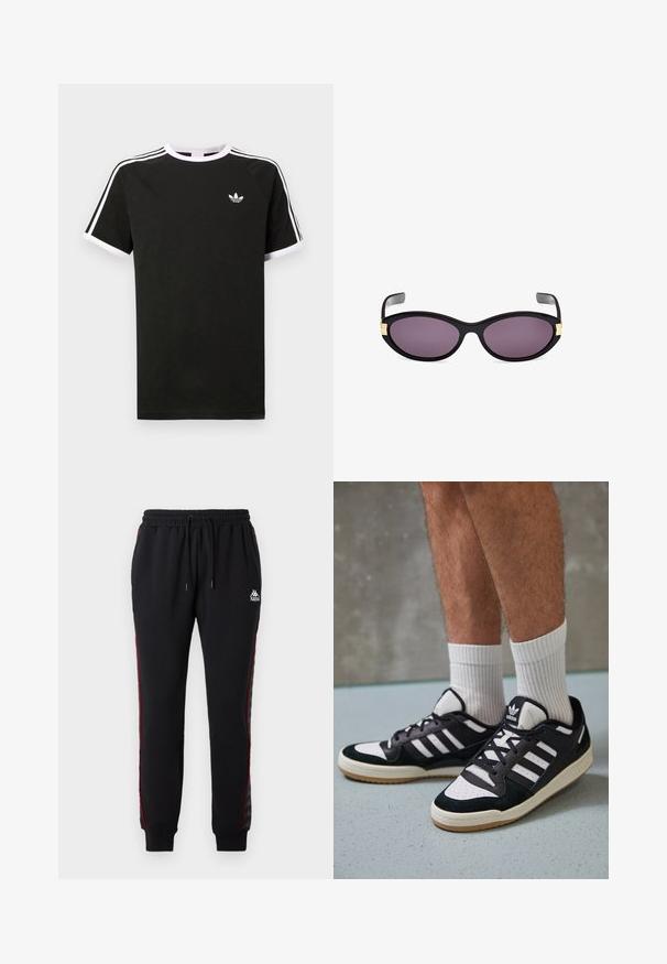 Musta puuvillapaita valkoisilla accenteilla. Siinä on lyhyet hihat, raglan-muotoilu ja pieni logo rinnassa. Olkapäillä kolme valkoista raitaa.; Mustat collegehousut, joissa on joustava vyötärö, punaiset sivuraidat ja Kappa-logo. Valmistettu sileästä kankaasta, jossa on ribbireunat ja rento leikkaus.; Valkoiset ja mustat tennarit, joissa on mokkanahka- ja nahkapäällinen, kolme valkoista raitaa, rei'itetty kärki ja kumipohja.; Mustat kissakatseet aurinkolasit violetilla linsseillä. Ominaisuudet kultaiset yksityiskohdat temppelien lähellä. Tasainen muovikehys kiiltävällä pinnalla.