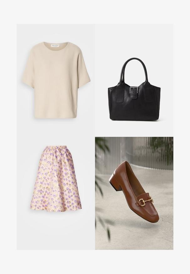 Top beige de manga corta hecho de tela texturizada, con un escote redondeado y un corte relajado, que tiene una etiqueta cosida en el interior del escote.; Una falda rosa pastel con un estampado floral en tonos morados y dorados, con una cinturilla elástica y una silueta acampanada tipo A.; Mocasines de charol marrón con punta cuadrada, acento de cadena metálica y tacón bajo; textura suave, diseño minimalista.; Bolso tote de cuero negro con textura suave, forma estructurada, dos asas y un prominente detalle de hebilla plateada en la parte frontal.