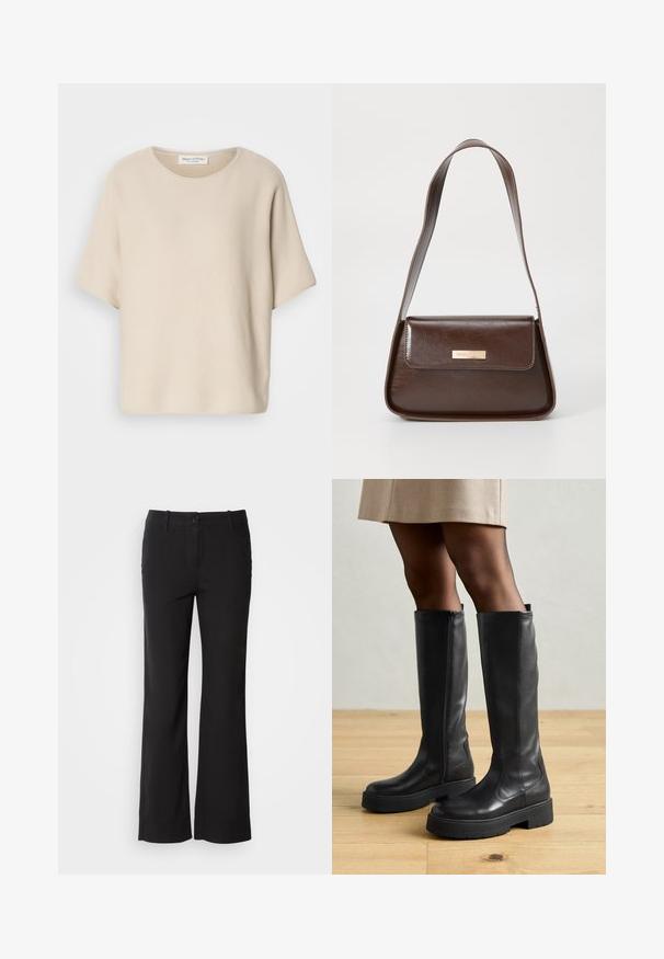 Beżowy top z krótkim rękawem z teksturowanej tkaniny, z okrągłym dekoltem i luźnym krojem, z metką przyszytą wewnątrz dekoltu.; Czarne spodnie z bawełny z prostymi nogawkami, z zapięciem na guzik z przodu i dwoma bocznymi kieszeniami. Gładka faktura, brak widocznych wzorów.; Czarne kozaki do kolan wykonane ze skóry o gładkiej fakturze, z grubą gumową podeszwą i bocznym zamkiem błyskawicznym ułatwiającym zakładanie.; Brązowa skórzana torba na ramię o wyraźnej formie, z magneticznym zapięciem w klapie i metalowym logo na przodzie.