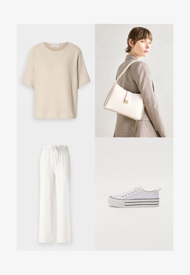 Beige Kurzarm-Oberteil aus strukturierter Stoffqualität, mit Rundhalsausschnitt und lässiger Passform, versehen mit einem Etikett im Inneren des Ausschnitts.; Weiße weite Hosen aus weichem Stoff, mit einem Kordelzugbund und glatter Textur. Keine Muster oder Verzierungen sichtbar.; Weiße Leinensneaker mit runder Zehenform, schwarzer Außensohle und horizontalen schwarzen Streifen. Mit Schnürsenkeln und einer Schlaufe an der Ferse für einfaches Anziehen.; Weiße Lederhandtasche mit strukturiertem Design, ausgestattet mit einem Magnetverschluss und einem Schulterriemen, präsentiert vor einem neutralen Hintergrund.