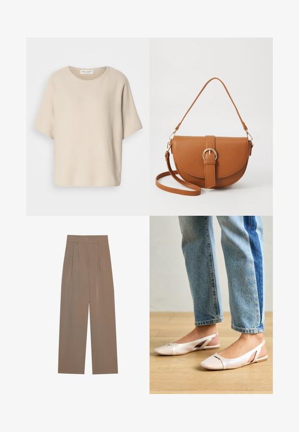 Beige korte mouw top van een textuurstof, met een ronde halslijn en een relaxte pasvorm, met een label bevestigd aan de binnenkant van de halslijn.; Bruine geplooide broek met een wijde pijp, voorzien van een platte tailleband en zijzakken, gemaakt van een lichtgewicht stof.; Zachtroze slingback ballerina's met een spitse neus, gemaakt van een glad leerachtig materiaal. Bevat uitsnijdingen aan de zijkanten en heeft een platte hak.; Bruine leren schoudertas met een gebogen vorm, gouden hardware en een gespaccent. Bevat een afneembare schouderriem.