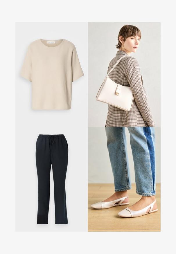 Šviesiai ruda trumpomis rankovėmis palaidinė, pagaminta iš tekstūruotos medžiagos, su apykakle ir laisvu siluetu, su etiketė pakabinta viduje apykaklės.; Juodos, laisvos prisiuvimo kelnės su elastiniu juosmeniu ir raišteliu. Pagamintos iš lengvos medžiagos, turinčios lygų tekstūrą ir tiesias kojines.; Šviesiai rožiniai slingback baleto bateliai su smailiu pirštu, pagaminti iš lygios odai panašios medžiagos. Yra išpjovimų detalės šonuose ir plokščias kulnas.; Balto odos rankinė su struktūrizuotu dizainu, turinti magnetinį užsegimą ir petnešą, demonstruojama prieš neutralią foną.