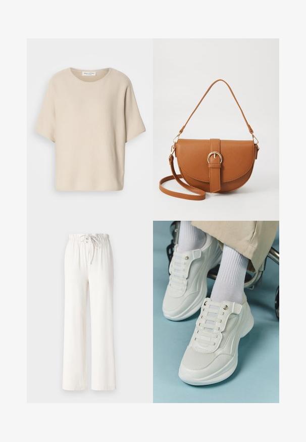 Top beige de manga corta hecho de tela texturizada, con un escote redondeado y un corte relajado, que tiene una etiqueta cosida en el interior del escote.; Pantalones de pierna ancha blancos, hechos de un tejido suave, con cintura ajustable y textura lisa. Sin patrones ni adornos visibles.; Zapatillas blancas con material de malla, suela de goma, diseño sin cordones con bandas elásticas y detalles en tono dorado.; Bolso bandolera de cuero marrón con forma curvada, herrajes dorados y un acento de hebilla. Incluye una correa de hombro desmontable.