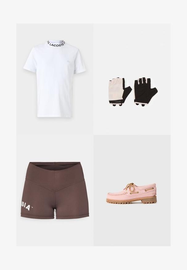 Balta kokvilnas T-kreklu ar apaļu melnu apkakli, uz kuras rakstīts "LACOSTE", un mazu izšūtu logotipu uz krūtīm. Īsas piedurknes.; Brūni sporta šorti ar augstu jostasvietu, elastīgu audumu un baltu logo detaļu kreisajā pusē. Gluda tekstūra un pieguļošs dizains.; Rozā ādas laivu kurpe ar brūniem šņorzīmiem, metāla acs un biezs brūns gumijas zole, attēlota profilā uz baltas fona.; Fitness cimdi ar gaiši rozā un melnu dizainu, izgatavoti no elpojoša materiāla, ar regulējamu plaukstas siksniņu un teksturētiem satveršanas akcentiem.