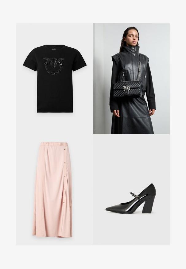 Črna majica iz bombaža z bisernim motiivom v krožni obliki spredaj. Kratki rokavi in krožni ovratnik.; Roza maksi krilo z elastičnim pasom, ki vključuje stranski gumbasti odprti del in mehko, gladko blago. Lahka in leprša zasnova.; Črne lakirane usnjene čevlje na visoki peti z ostrim nosom, debelo peto in trak z kovinskimi dodatki.; Črni usnjeni brezrokavnik z visokim ovratnikom, zadrgami in črno kviltirano torbico z srebrnimi dodatki, oblečen z dolgo črno krilo.