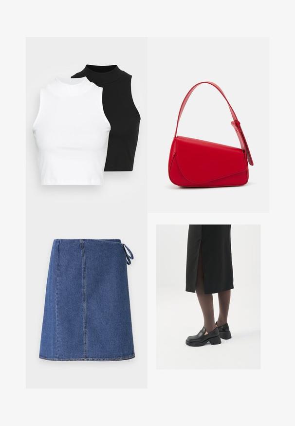 Két ujjatlan, bordázott garbós top fekete és fehér színben, testhezálló kialakítással és sima textúrával, rövidített hosszal.; Sötétkék farmer rakott szoknya. Egyenes vonalú fazon, látható varrásokkal és oldalsó megkötéssel a méretállításhoz. Simább textúra és szabványos alj.; Fekete bőr cipők lekerekített orral, vastag blokk sarkakkal és elasztikus oldalsó díszítésekkel, sötét harisnyával és hasítékkal ellátott fekete szoknyával párosítva.; Piros bőr kézitáska szögletes, geometrikus kialakítással. Egy állítható pánttal és varrott részletekkel ellátott fedélzárral rendelkezik.