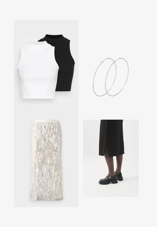 Du pirštu riboti be rankovių golfo marškiniai juodos ir baltos spalvų, pasižymintys prigludusia forma ir lygia tekstūra, trumpu ilgiu.; Sidabrinė ir dramblio kaulo spalvos iki kelių sijonas, puoštas banginiu raštu, dekoruotas blizgučiais ir subtiliomis siūlų detalėmis ant minkštos medžiagos.; Juodos odinės bateliai su apvaliu nosiu, stora blokine pakulne ir elastingais šonais, derinami su tamsiomis pėdkelnėmis ir juoda sijonu su plyšiu.; Sidabrinės pusmėnulio auskarai minimalistiniu dizainu. Apskritimo forma, lygus paviršius ir plonas profilis. Lengvi su poliruotu apdailu.