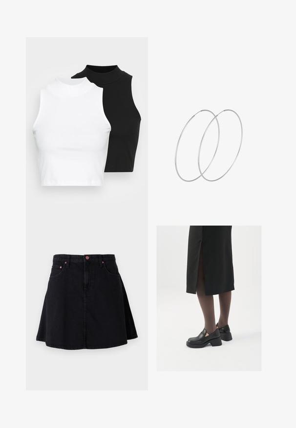 Kaksi hihattomaa ribattua kauluspaitaa mustana ja valkoisena, joissa on istuva muotoilu ja sileä rakenne, sekä lyhyt pituus.; Musta farkkuhame, jossa on levenevä muotoilu, etutaskut ja vaaleanpunaiset metalliosat vyötäröllä sekä taskujen reunoilla.; Mustat nahkakengät pyöreällä kärjellä, paksulla lohkopohjalla ja joustavilla sivuakkesseilla, yhdistettynä tummiin sukkahousuihin ja mustaan hameeseen, jossa on halkio.; Hopehope hopeilla, joissa on minimalistinen muotoilu. Pyöreä muoto, sileä pinta ja ohut profiili. Kevyet ja kiillotetut.