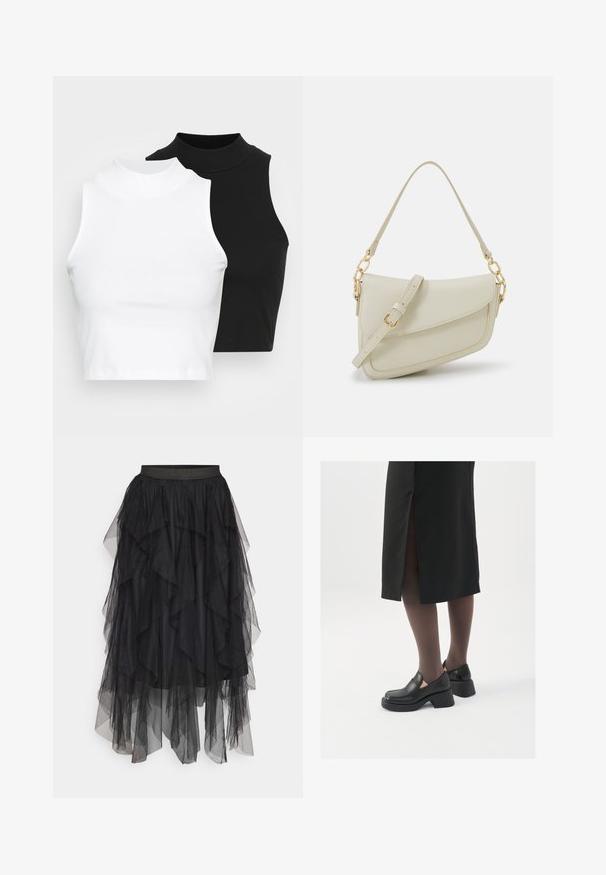 Zwei ärmellose, gerippte Rollkragenoberteile in Schwarz und Weiß, mit einer figurbetonten Passform und glatter Textur sowie einer cropped Länge.; Schwarzer Tüllrock mit geschichteten Rüschendetails, ausgestattet mit einem elastischen Bund und unterschiedlichen Längen. Die durchsichtige Textur verstärkt die visuelle Tiefe.; Schwarze Lederschuhe mit abgerundetem Zeh, dicker Blockabsatz und elastischen seitlichen Akzenten, kombiniert mit dunklen Strumpfhosen und einem schwarzen Rock mit Schlitz.; Kleine cremefarbene Handtasche mit strukturiertem Finish, einem langen verstellbaren Tragegurt, einem Kettenakzent und einem Klappenverschluss. Goldene Hardware-Details.