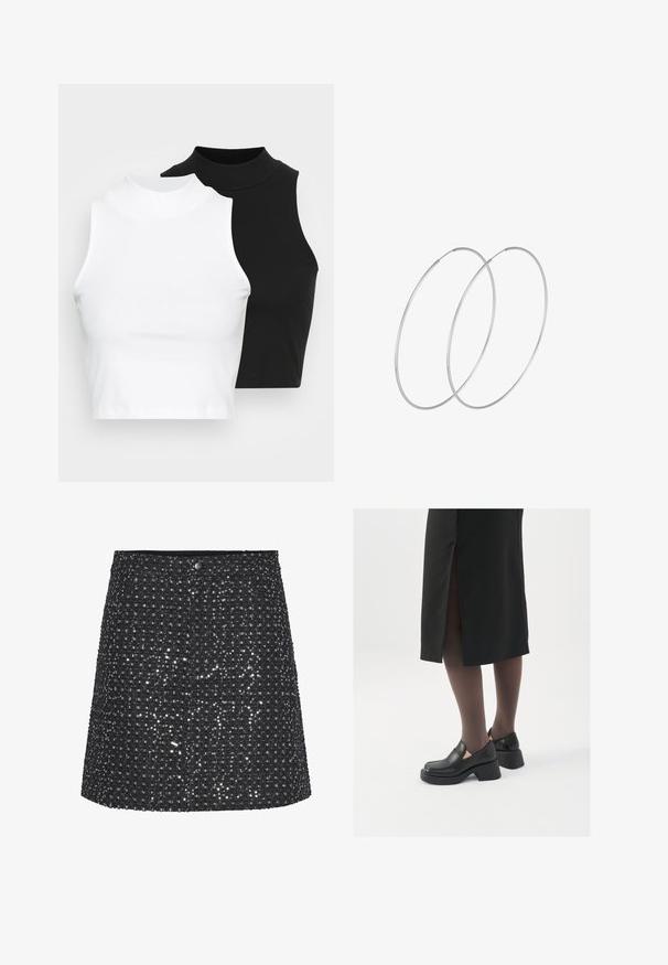 Du pirštu riboti be rankovių golfo marškiniai juodos ir baltos spalvų, pasižymintys prigludusia forma ir lygia tekstūra, trumpu ilgiu.; Juoda sijonas su struktūrizuotu dizainu, pagamintas iš tekstūruoto audinio, papuošto metaliniais blizgučiais, kurie sukuria blizgantį efektą.; Juodos odinės bateliai su apvaliu nosiu, stora blokine pakulne ir elastingais šonais, derinami su tamsiomis pėdkelnėmis ir juoda sijonu su plyšiu.; Sidabrinės pusmėnulio auskarai minimalistiniu dizainu. Apskritimo forma, lygus paviršius ir plonas profilis. Lengvi su poliruotu apdailu.