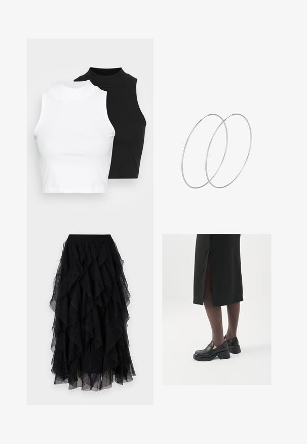 Dvije bezrukavne rebraste majice s visokim ovratnikom u crnoj i bijeloj boji, s prilagođenim dizajnom i glatkom teksturom, te skraćenom dužinom.; Crna tila suknja s višeslojnim volanima, mekanom teksturom i suptilnim sjajnim akcentima. Elastična stražnja traka za udoban fit.; Crne kožne cipele s zaobljenim vrhom, debelim blok petama i elastičnim bočnim detaljima, uparene s tamnim čarapama i crnom suknjom s prorezom.; Srebrne okrugle naušnice s minimalističkim dizajnom. Kružni oblik, glatka tekstura i tanak profil. Lagane s poliranim završetkom.