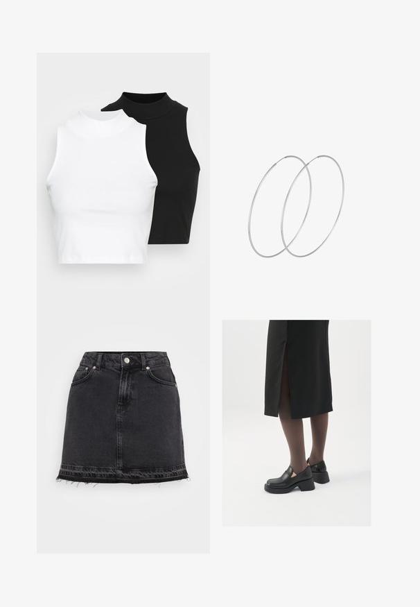 Due top in maglia senza maniche, a collo alto, in nero e bianco, con un design aderente e una superficie liscia, di lunghezza cropped.; Gonna mini in denim nero con silhouette dritta, dotata di tasche frontali, chiusura con bottone in metallo e dettaglio orlo sfrangiato.; Scarpe in pelle nera con punta arrotondata, tacco spesso a blocco e accenti laterali in elastico, abbinate a collant scuri e una gonna nera con uno spacco.; Orecchini a cerchio in argento con un design minimalista. Forma circolare, superficie liscia e profilo sottile. Leggeri con una finitura lucida.