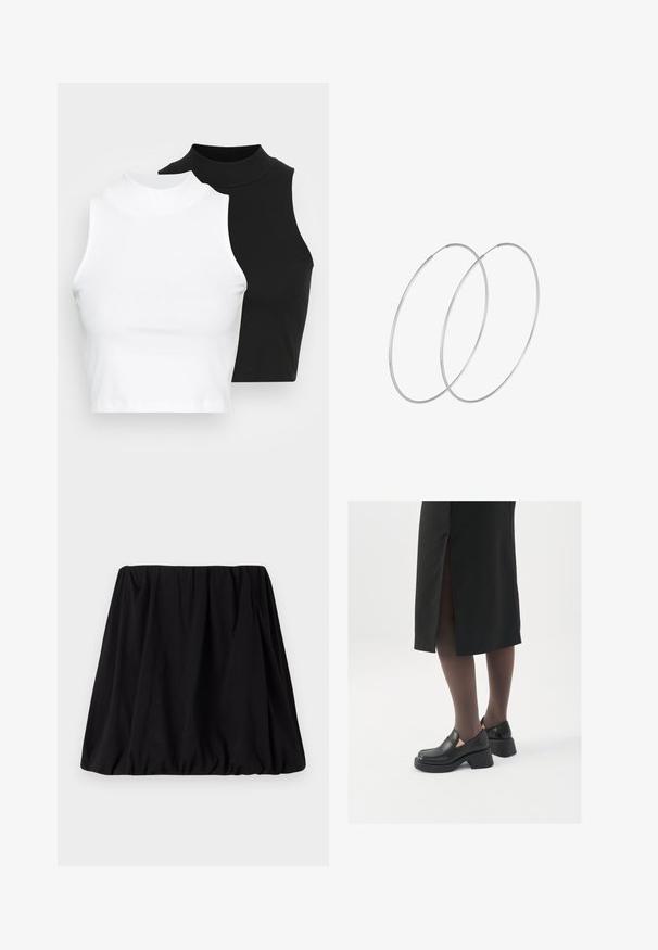 Dva brezrokavniki z rebrasto turtleneck gorami v črni in beli barvi, z oblikovanim dizajnom in gladko teksturo, v skrajšani dolžini.; Črna, nabranih krilo izdelano iz mehkega blaga, z elastičnim pasom in obsežno silhueto. Brez vidnih vzorcev ali poudarkov.; Črne usnjene čevlje s zaobljenim prstom, debelim blokastim petama in elastičnimi stranskimi detajli, v kombinaciji s temno nogavicami in črno krilo z razporkom.; Srebrne uhane v obliki obroča z minimalističnim dizajnom. Krožna oblika, gladka tekstura in tanek profil. Lahki s poliranim zaključkom.