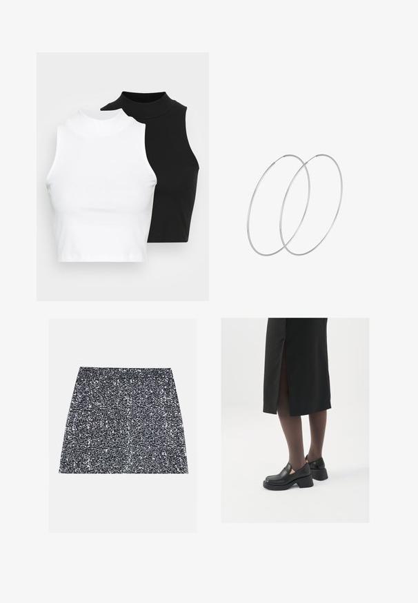 Dva brezrokavniki z rebrasto turtleneck gorami v črni in beli barvi, z oblikovanim dizajnom in gladko teksturo, v skrajšani dolžini.; Srebrna mini krilo s sequinci, ki ima teksturiran vzorec in ravno krojenje. Tkanina se zdi svetleča in odsevna.; Črne usnjene čevlje s zaobljenim prstom, debelim blokastim petama in elastičnimi stranskimi detajli, v kombinaciji s temno nogavicami in črno krilo z razporkom.; Srebrne uhane v obliki obroča z minimalističnim dizajnom. Krožna oblika, gladka tekstura in tanek profil. Lahki s poliranim zaključkom.