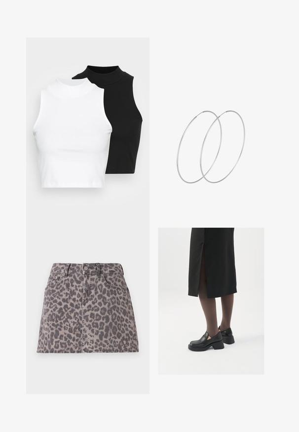 Du pirštu riboti be rankovių golfo marškiniai juodos ir baltos spalvų, pasižymintys prigludusia forma ir lygia tekstūra, trumpu ilgiu.; Pilko leopardų rašto džinsinė mini sijonas, kuriame dominuoja pilkos spalvos atspalviai, su klasikinėmis penkiomis kišenėmis ir priekinėmis sagomis.; Juodos odinės bateliai su apvaliu nosiu, stora blokine pakulne ir elastingais šonais, derinami su tamsiomis pėdkelnėmis ir juoda sijonu su plyšiu.; Sidabrinės pusmėnulio auskarai minimalistiniu dizainu. Apskritimo forma, lygus paviršius ir plonas profilis. Lengvi su poliruotu apdailu.