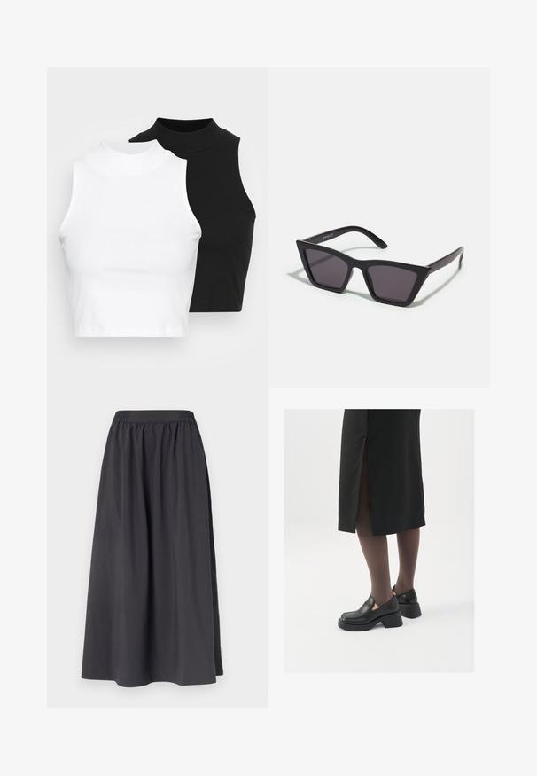 Dvije bezrukavne rebraste majice s visokim ovratnikom u crnoj i bijeloj boji, s prilagođenim dizajnom i glatkom teksturom, te skraćenom dužinom.; Crna pamučna suknja s elastičnim pojasom, A-linije, glatke teksture, dužine do sredine lista, bez vidljivih uzoraka ili metalnih dijelova.; Crne kožne cipele s zaobljenim vrhom, debelim blok petama i elastičnim bočnim detaljima, uparene s tamnim čarapama i crnom suknjom s prorezom.; Crne, uglaste sunčane naočale sa sivoj lećama; izrađene od plastike, imaju debele nogice s glatkom površinom i bez vidljivih metalnih dijelova.