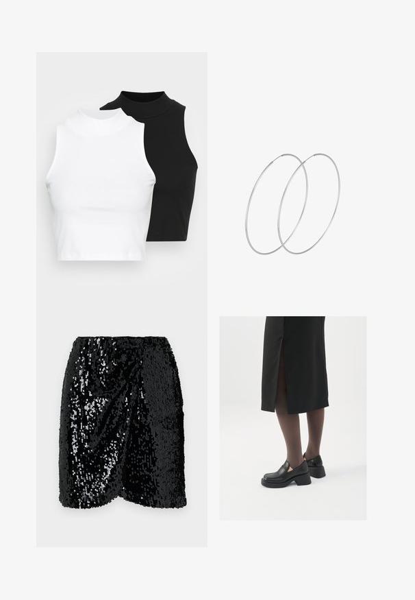 Två ärmlösa ribbade polotröjor i svart och vitt, med en figursydd design och slät textur, i en kortad längd.; Svart paljetterad minikjol med elastisk midja. Har en draperad design, glittrande yta och scallopad nederkant för ökad textur.; Svarta läderskor med rund tå, tjock klack utan häl och elastiska sidodetaljer, kombinerat med mörka strumpbyxor och en svart kjol med slits.; Silverfärgade hoopörhängen med en minimalistisk design. Cirkulär form, slät yta och tunn profil. Lätta med en polerad finish.