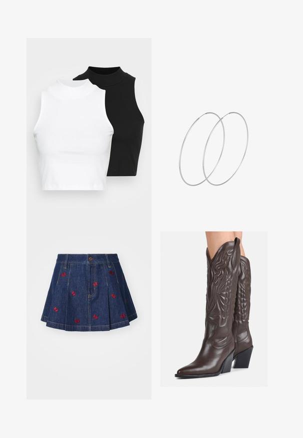 Dvě bezrukávové halenky s ribovým stojáčkem v černé a bílé barvě, které mají přiléhavý střih a hladkou texturu, s krácenou délkou.; Jeanová sukně s plisováním a tmavým omákem, zdobená červenými vyšívanými motýlími detaily a klasickým pětispojkovým designem s předním zapínáním na knoflík.; Hnědé kožené kovbojské boty s špičatou špičkou a blokovým podpatkem, se zdobným prošíváním a vyvýšenými akcenty na nárazu.; Stříbrné kruhové náušnice s minimalistickým designem. Kruh, hladký povrch a tenký profil. Lehká konstrukce s lesklým povrchem.