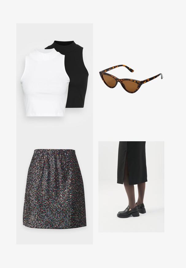 Due top in maglia senza maniche, a collo alto, in nero e bianco, con un design aderente e una superficie liscia, di lunghezza cropped.; Mini gonna nera adornata con piccoli e colorati paillette, dotata di un elastico in vita, texture liscia e silhouette dritta.; Scarpe in pelle nera con punta arrotondata, tacco spesso a blocco e accenti laterali in elastico, abbinate a collant scuri e una gonna nera con uno spacco.; Occhiali da sole cat-eye con una montatura tartarugata nera e arancione, lenti marroni e punte affusolate e eleganti. Presentano un logo minimale sulla asta.