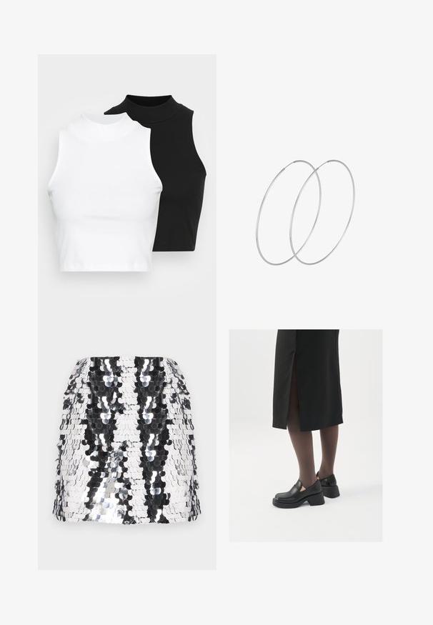 Kaks musta ja valget ilma varrukat ribikrae topi, millel on sobiv disain ja sile tekstuur, ning lühikesed pikkused.; Mustlast seelik musta ja hõbedase värvitooniga, millel on liibuv kuju. Omab peegeldavaid ümmarguseid sädelevaid sektsioone, mis on paigutatud laineliselt. Sile tekstuur.; Mustad mustad jalatsid ümmarguse varbaga, paksu plokkniidi ja elastsete külgdetailidega, kombineeritud tumedate sukkade ja musta lõhikuga seelikuga.; Hõbedased rõngastikkaehingad minimalistlikus disainis. Ümar kuju, sile tekstuur ja õhuke profiil. Kerged ning poleeritud viimistlusega.